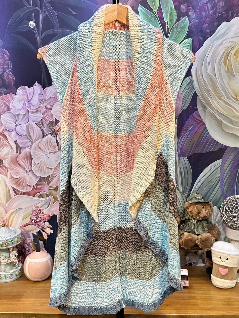 CAbi S Line Up Circle Vest Multicolor Striped Open Front Boho Coastal Cardigan